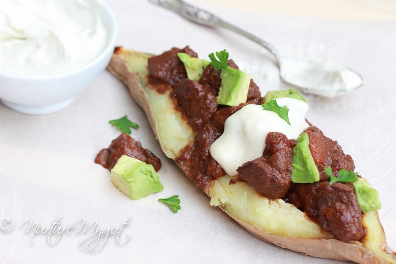 loaded sweet potato with cowboy chili