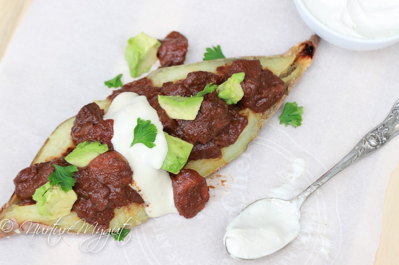 loaded sweet potato with cowboy chili