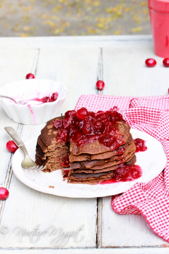 paleo gingerbread blender pancakes with cranberry sauce
