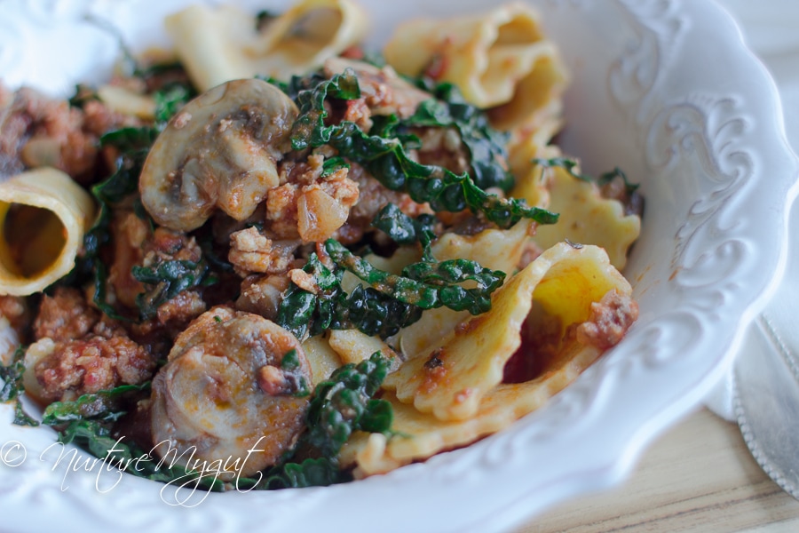 Paleo Pasta Reginette with Kale & Mushrooms