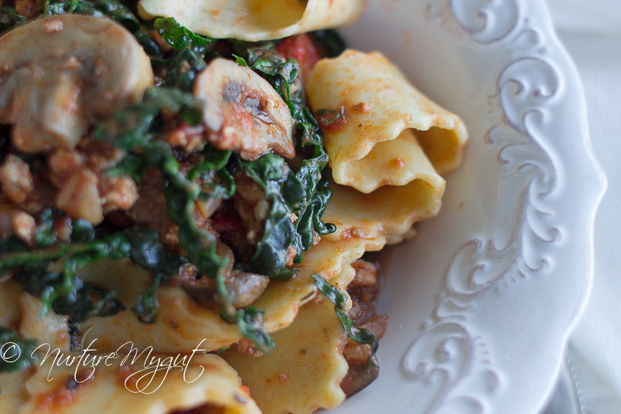 Paleo Reginette Pasta with Kale & Mushrooms