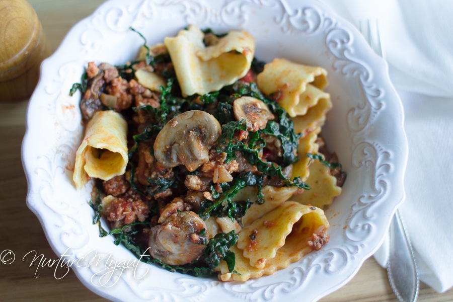 Paleo Reginette Pasta with Kale & Mushrooms