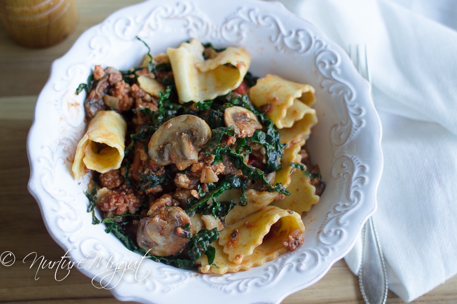 Paleo Reginette Pasta with Kale & Mushrooms