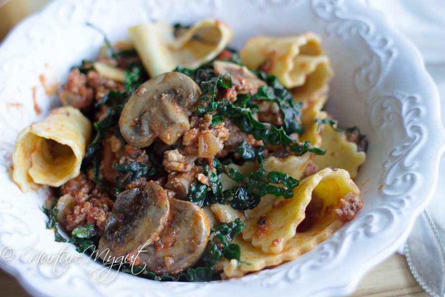 Paleo Reginette Pasta with Kale & Mushrooms