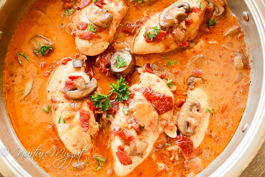 Paleo honey dijon chicken with bacon, mushrooms and sun-dried tomatoes