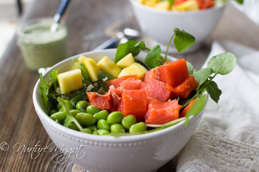 Easy Smoked Salmon Poke Bowl with Creamy Cilantro Dressing