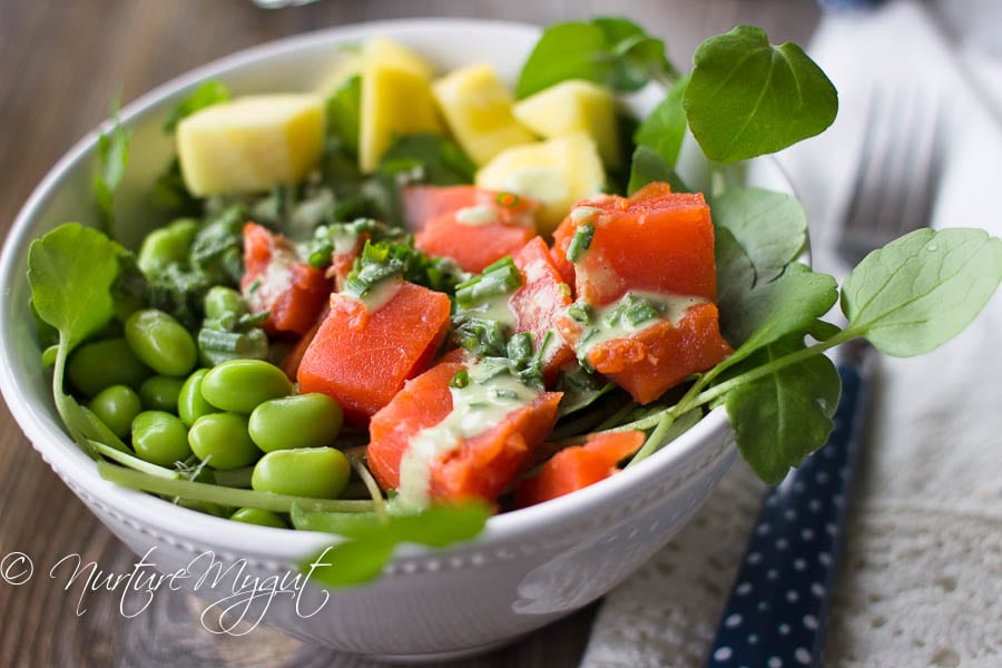 Easy Smoked Salmon Poke Bowl with Creamy Cilantro Dressing