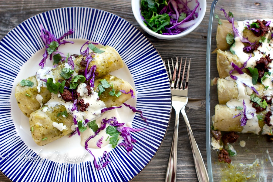 Green Chicken and Chorizo Enchiladas w-Dairy Free Crema