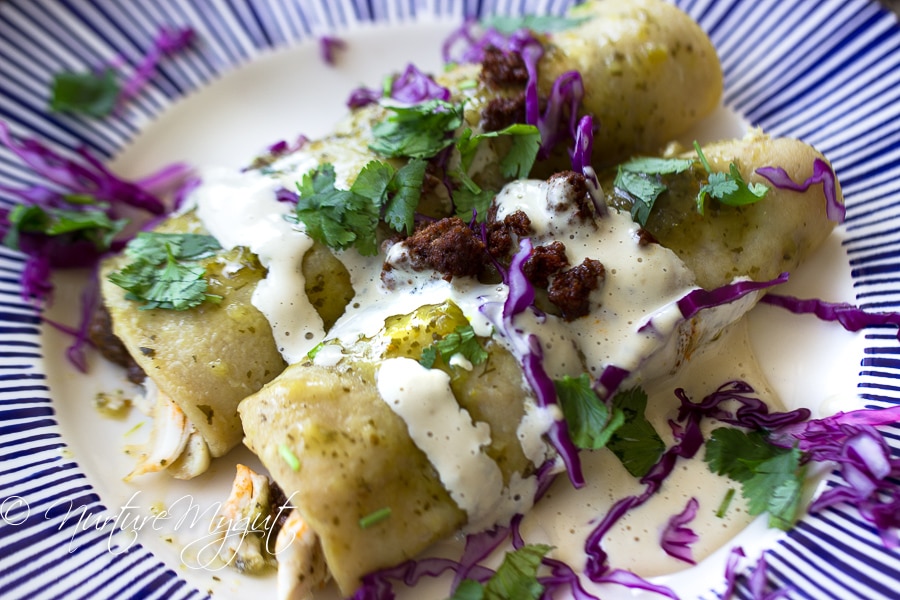 Green Chicken and Chorizo Enchiladas w-Dairy Free Crema