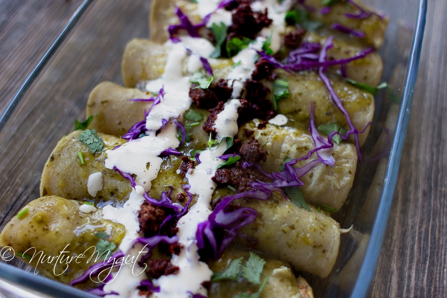 Green Chicken and Chorizo Enchiladas w-Dairy Free Crema