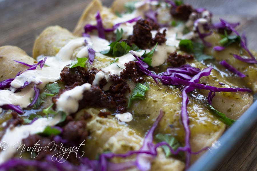 Green Chicken and Chorizo Enchiladas w-Dairy Free Crema