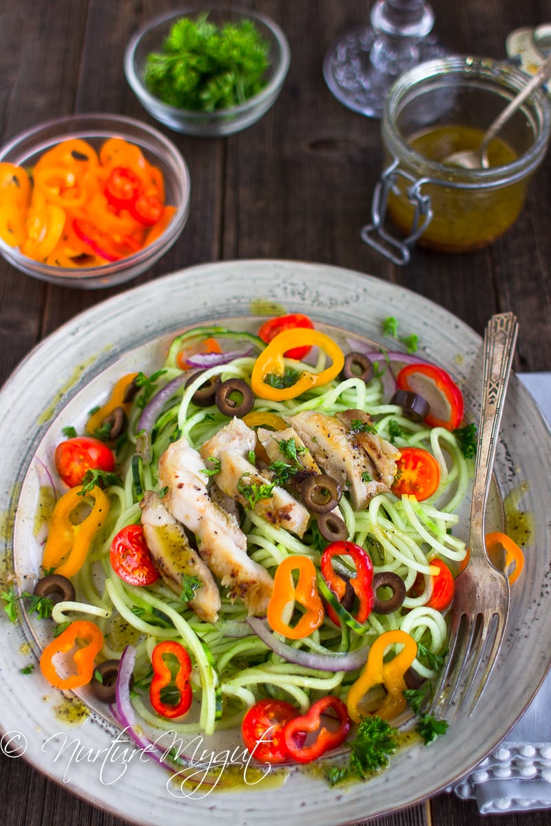 Garlic Chicken with Greek Cucumber Noodle Salad.