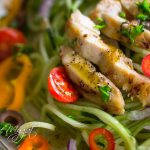 Garlic Chicken with Greek Cucumber Noodle Salad-a delicious, fast and healthy recipe. These refreshing crunchy cucumber noodles go perfect with this greek salad dressing and finger licking garlic chicken! It is a perfect combination made in 30 minutes or less. Paleo, Gluten Free, Grain Free, Dairy Free, Keto and Whole 30 friendly.