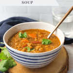 vegan tomato lentil soup in blue and white striped bowl
