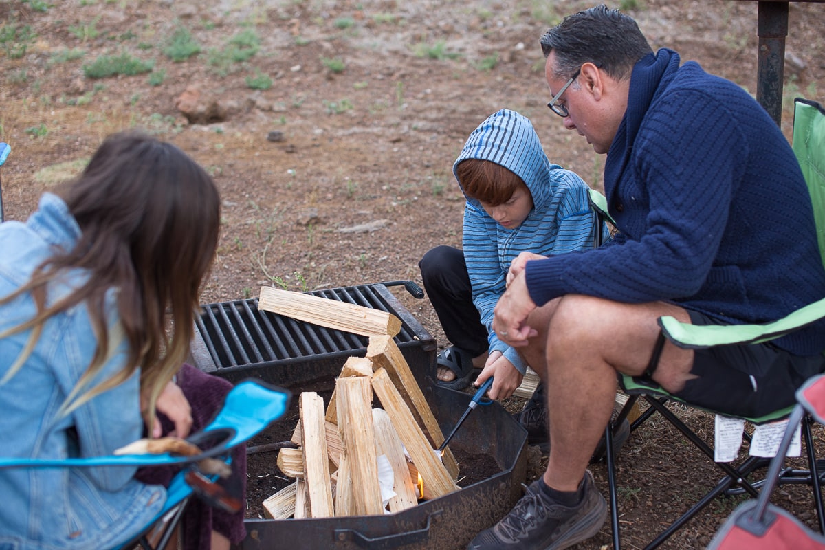 Building a fire at Grand Canyon KOA