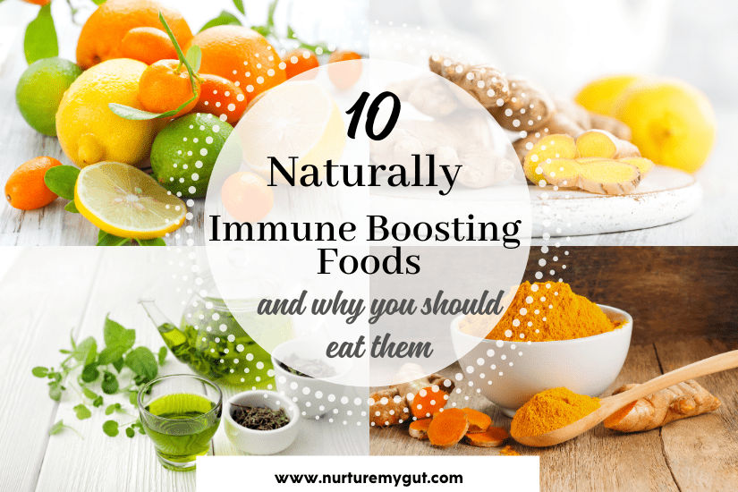 collage of immune boosting foods-citrus, ginger, green tea, turmeric