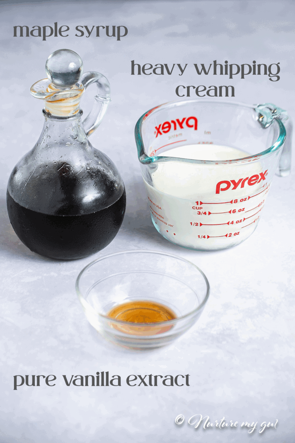 ingredients for whipped cream: maple syrup, heavy whipping cream and vanilla extract