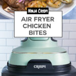 Close-up of crispy Air Fryer Chicken Bites made in the Ninja Crispi Air Fryer, golden brown, juicy, and seasoned with garlic and onion spices, served fresh for a quick high-protein meal.